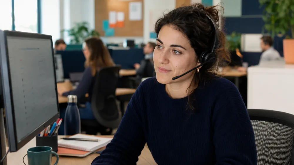 Conseillère clientèle travaillant avec sérénité à l'aide d'une interface digitale assistée par IA